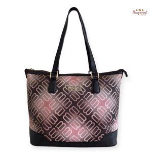 Auth BB Balenciaga Paris Pink/Brown Monogram Coated Canvas Leather Medium Tote